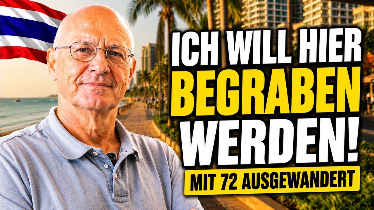 Vorschaubild zum Video: &auml;lterer Mann mit Brille und grauem Poloshirt vor einer Strandpromenade mit Palmen, daneben der Text: Ich will hier begraben werden! Mit 72 ausgewandert