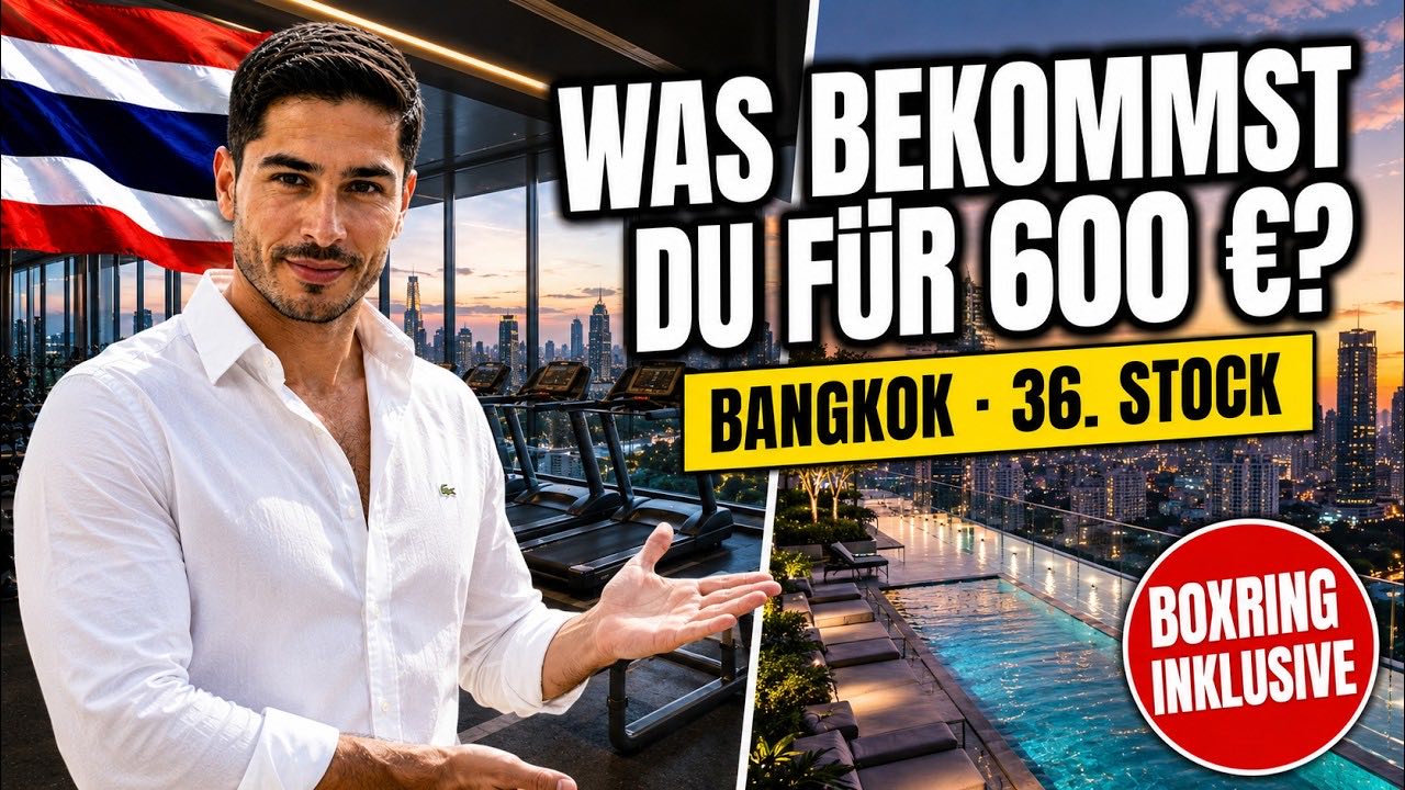 Vorschaubild zum Video: Nihat im weißen Hemd in einem Fitnessraum mit Laufbändern vor der Skyline von Bangkok, daneben ein Pool auf dem Dach, Schriftzug „Was bekommst du für 600 €?“ und „Boxring inklusive“