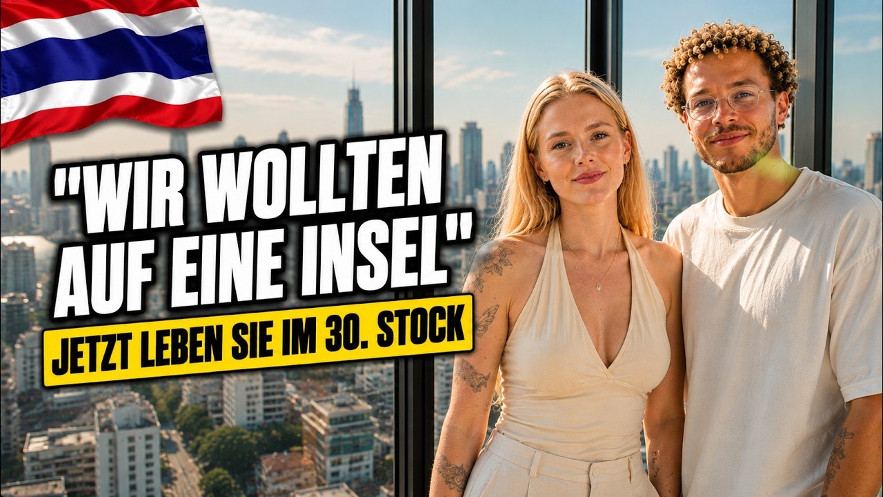 Elli und Dominik stehen vor einer Fensterfront mit Blick auf die Hochh&auml;user von Bangkok, daneben der Text: Wir wollten auf eine Insel, jetzt leben sie im 30. Stock
