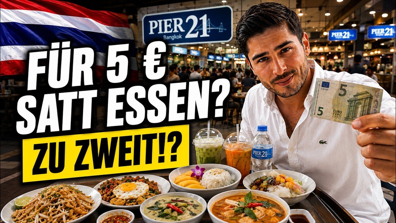 Vorschaubild des Videos: Nihat h&auml;lt einen 5-Euro-Schein, vor ihm ein Tisch mit Thai-Gerichten und Getr&auml;nken, dahinter das Schild Pier 21 Bangkok