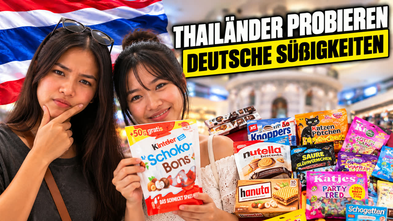 Vorschaubild zum Video: zwei Thailänderinnen mit Kinder Schoko-Bons, daneben Knoppers, Hanuta, Schogetten und weitere deutsche Süßigkeiten