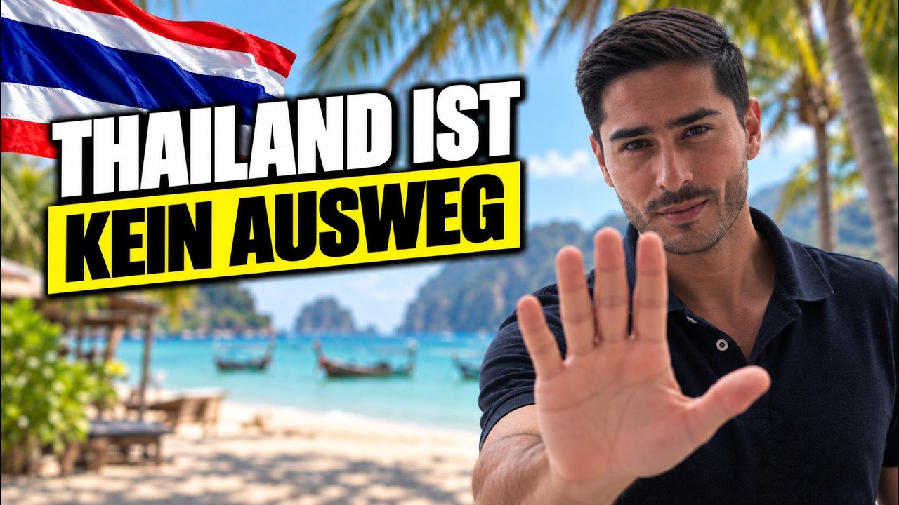 Vorschaubild des Videos: Nihat hebt abwehrend die Hand vor einem Strand mit Longtail-Booten, Schrift „Thailand ist kein Ausweg“