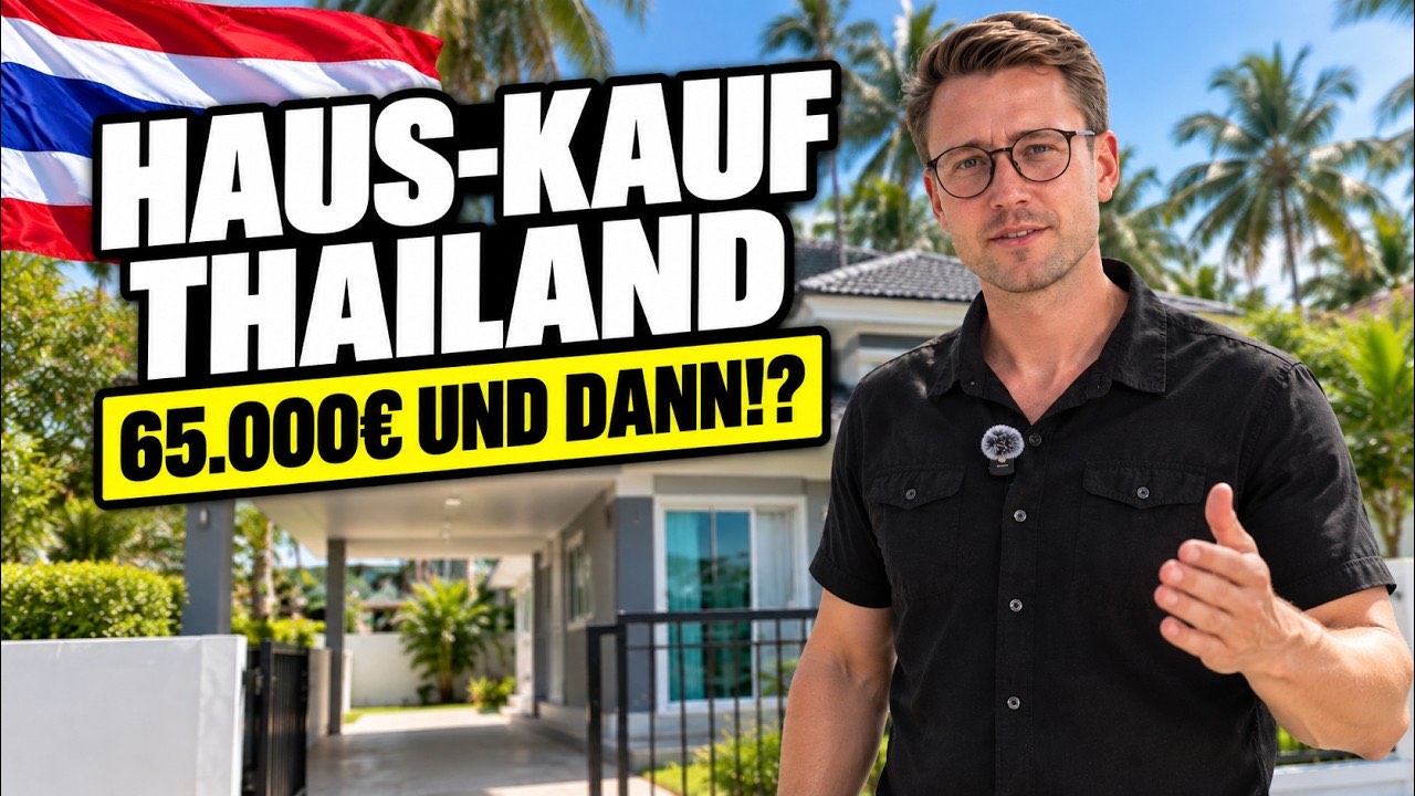 Vorschaubild des Videos: Mann mit Brille vor einem hellen eingeschossigen Haus mit Carport unter Palmen, daneben der Schriftzug Haus-Kauf Thailand, 65.000 Euro und dann