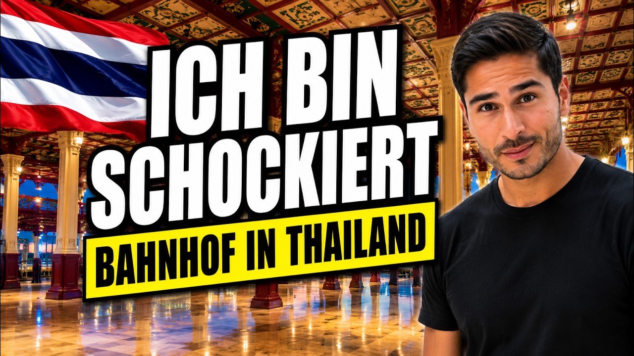 Vorschaubild des Videos: Mann in schwarzem T-Shirt in einer Bahnhofshalle mit roten S&auml;ulen und verzierter Decke, daneben der Schriftzug Ich bin schockiert, Bahnhof in Thailand