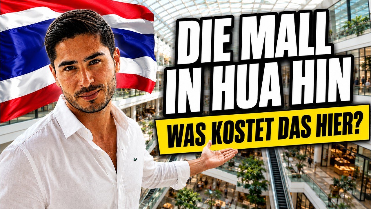 Vorschaubild des Videos: Mann im wei&szlig;en Hemd vor einer thail&auml;ndischen Flagge in einer mehrst&ouml;ckigen Mall mit Rolltreppen, daneben der Schriftzug Die Mall in Hua Hin, was kostet das hier