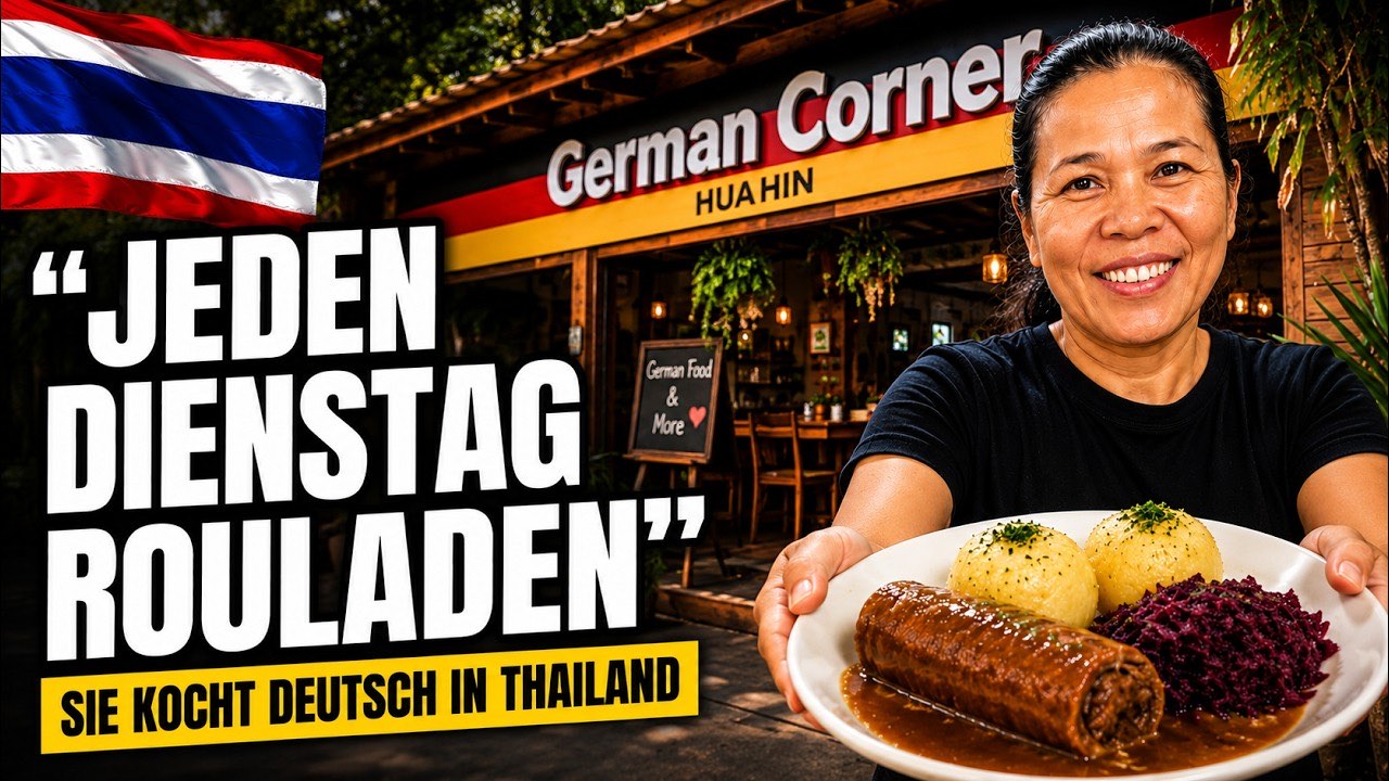 Vorschaubild des Videos: Frau vor dem Schild German Corner Hua Hin h&auml;lt einen Teller mit Roulade, zwei Kn&ouml;deln und Rotkohl, daneben der Schriftzug Jeden Dienstag Rouladen