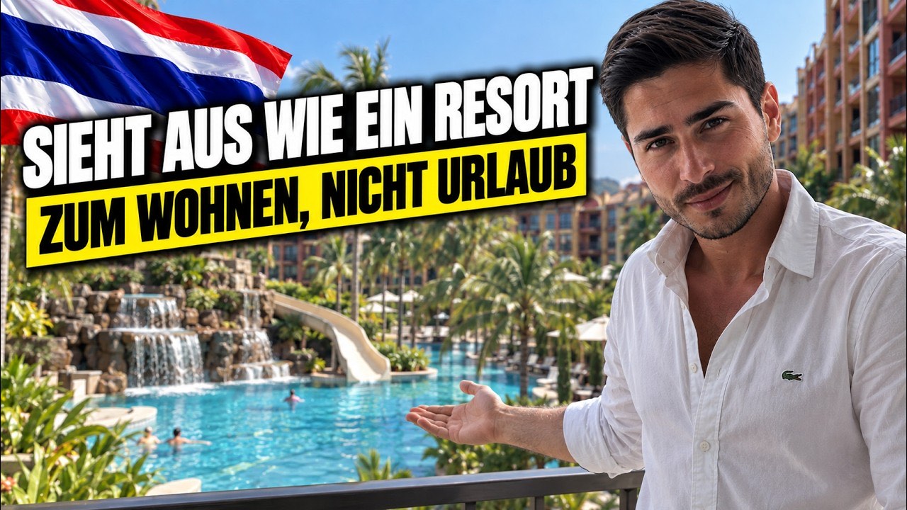 Vorschaubild zum Video: Nihat im weißen Hemd auf einem Balkon über einer Poolanlage mit Wasserfall, Rutsche und Palmen, Schriftzug „Sieht aus wie ein Resort, zum Wohnen, nicht Urlaub“