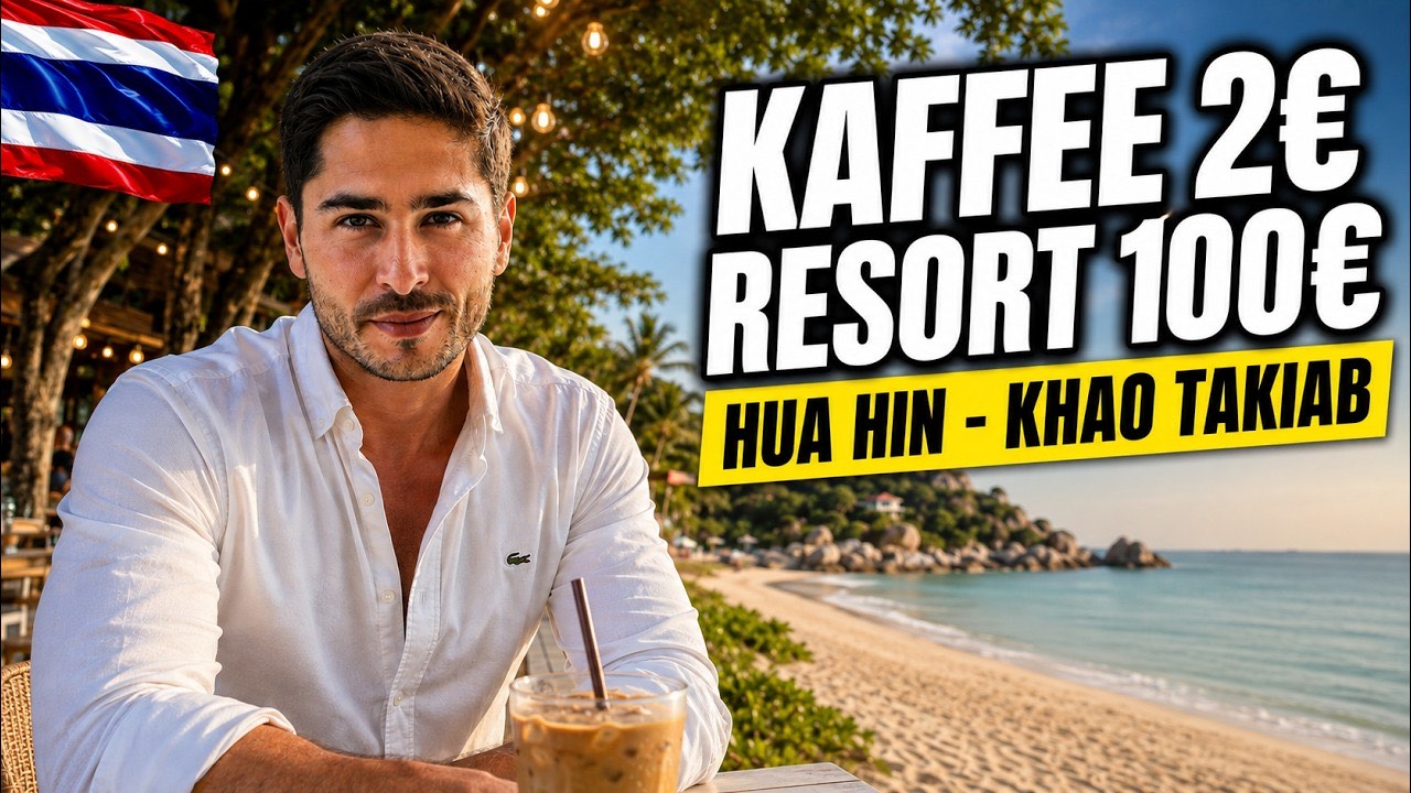 Vorschaubild des Videos: Nihat mit Eiskaffee am Strand von Khao Takiab, dahinter Felsen und Meer, Schrift „Kaffee 2 €, Resort 100 €, Hua Hin, Khao Takiab“
