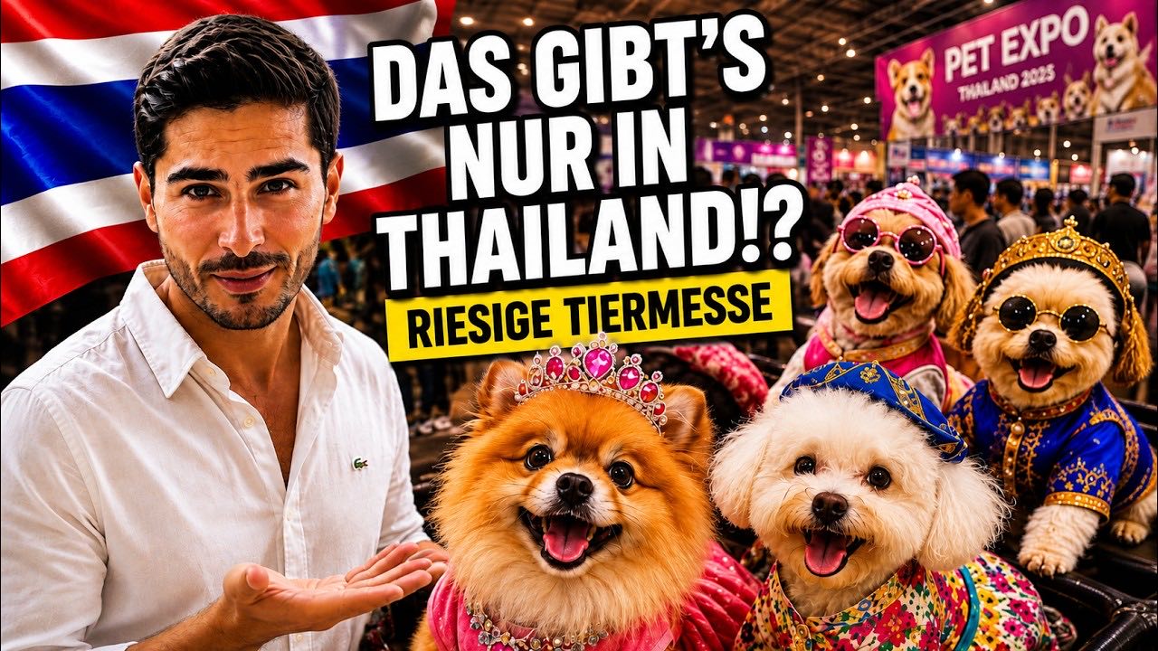 Vorschaubild des Videos: Nihat im wei&szlig;en Hemd neben verkleideten kleinen Hunden mit Krone und Sonnenbrille, dahinter ein Banner der Pet Expo, Text Riesige Tiermesse