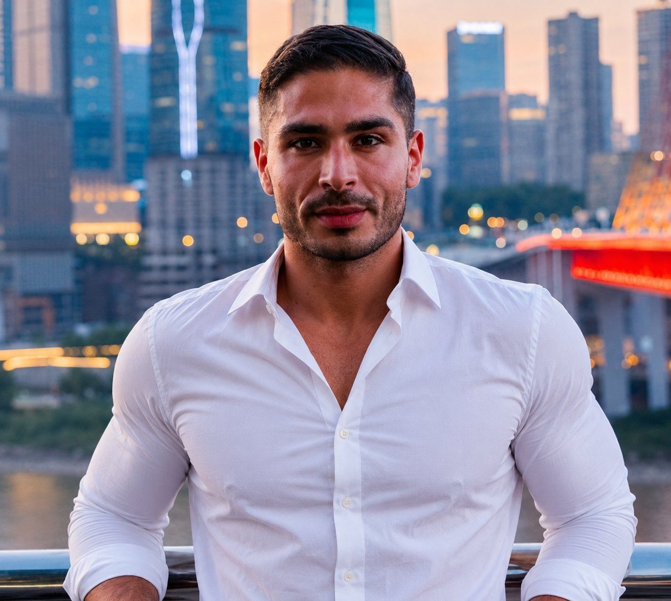 Portraet von Nihat im weissen Hemd vor einer Skyline in der Abenddaemmerung.