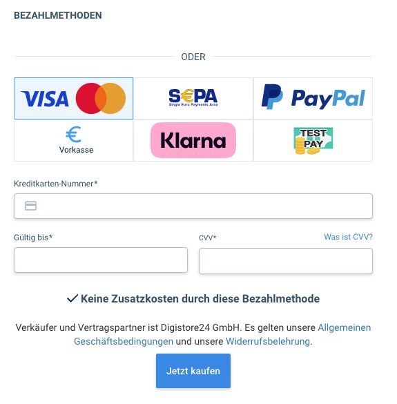 Die Zahlungsarten mit dem blauen Knopf Jetzt kaufen darunter.