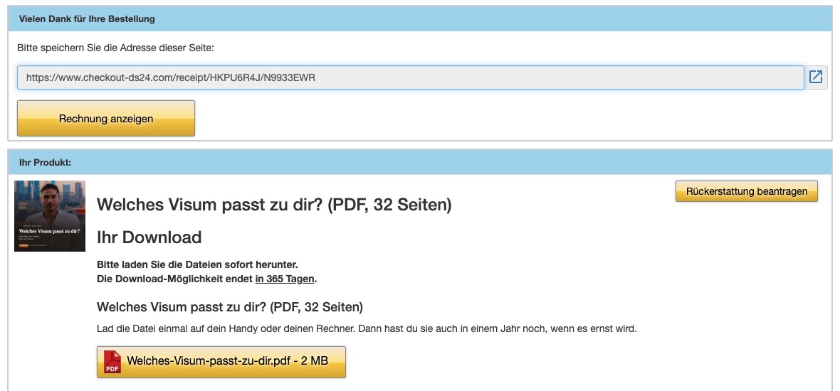 Die Seite nach dem Kauf: oben die Bestellbestätigung, darunter der gelbe Knopf zum Herunterladen der PDF.